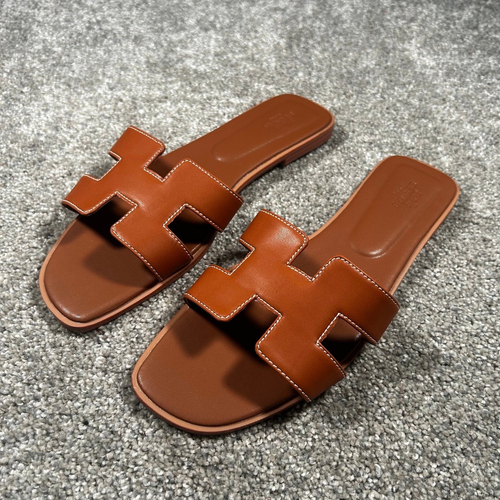 Hermes Oran Sandals Gold Epsom Leather H Cutout Slides Brown Size 40